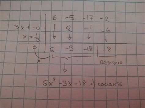 Dividir 6x³ 5x² 17x 2 ÷ 3x − 1 La Respuesta Debe Incluir El Cociente Y El Residuo