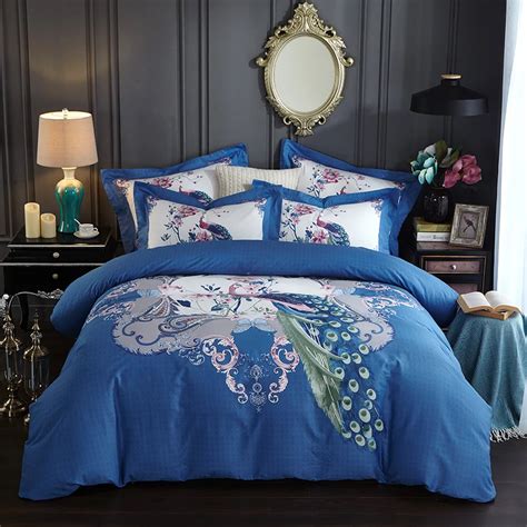 Elegant Peacock Pattern Blue Bedding Set Queen King Size Duvet Cover ...