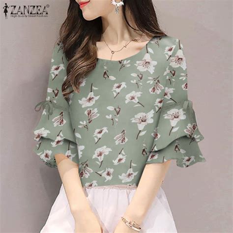 Zanzea Korean Style Womens Summer Floral Printed Shirt Half Sleeve O