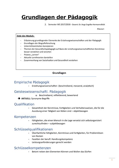 Grundlagen der Pädagogik Grundlagen der Pädagogik Semester WS 2017