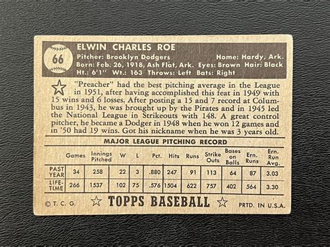 1952 Topps Vintage Baseball Card 66 PREACHER ROE Brooklyn Dodgers