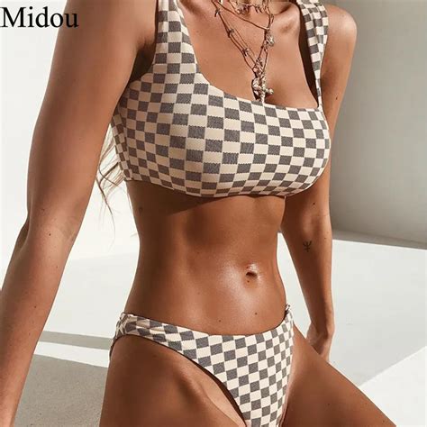 Midou New Sexy Grid Bikini Two Pieces Swimsuit Female Swimwear Women Bikini Set Brazilian