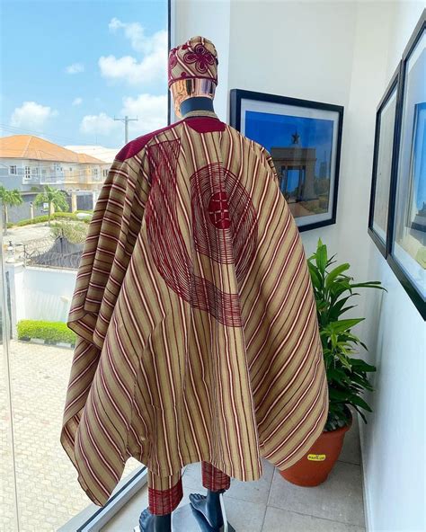 A Stripe Champagne Gold Cream Burgundy Aso Oke Regal Agbada By Dejia