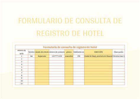 Plantilla De Excel Formulario De Consulta De Registro De Hotel Y Hoja