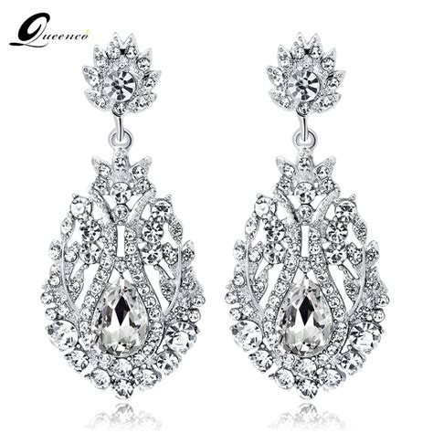 Queenco Silver Color Crystal Long Drop Earrings Beautiful Teardrop