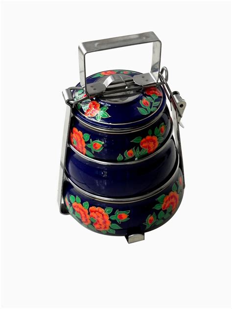 Hand Painted 3 Tier Pyramid Tiffin Carrier Royal Blue With Orange