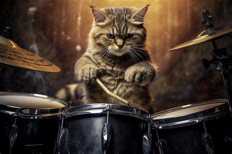 Premium Photo A Cat Playing A Drum Set With A Cat Playing The Drums