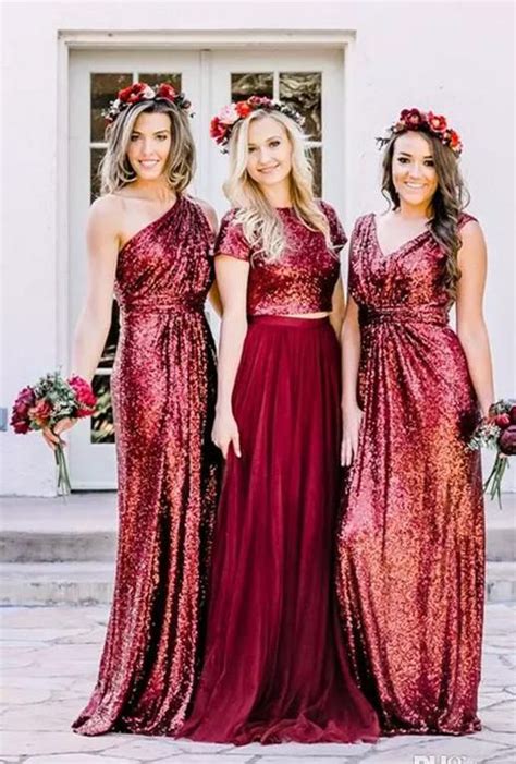 Burgundy Sequins Long Country Bridesmaid Dress Two Pieces B Sparkly Bridesmaid Dress Sequin