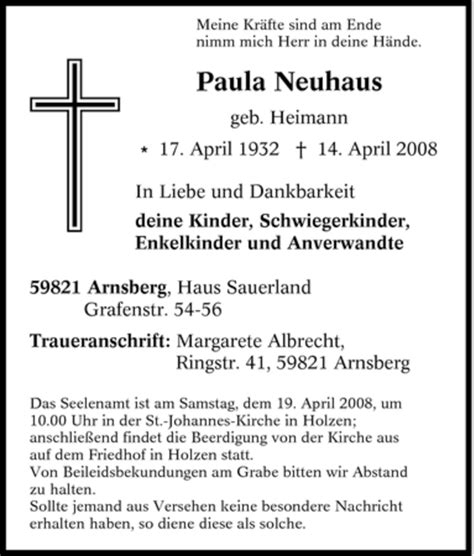 Traueranzeigen Von Paula Neuhaus Trauer In Nrw De