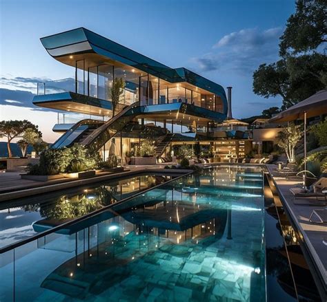 An Outdoor Swimming Pool With Stairs Leading Up To The Top Floor And