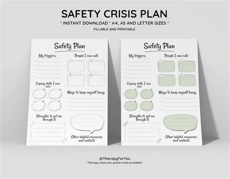 Printable Safety Crisis Plan Worksheet Therapy Aid School Counselor