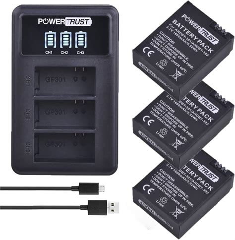 PowerTrust 3Pcs AHDBT 301 Battery And 3 Slot Charger For Gopro Hero 3