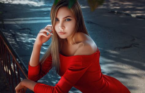 Long Hair Blonde In Red Dress Wallpaperhd Girls Wallpapers4k