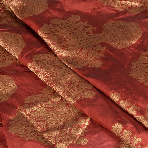 Buy Maroon And Golden Flower Pot Brocade Silk Fabric 8537