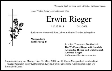 Erwin Rieger Traueranzeige Trauer Infranken De