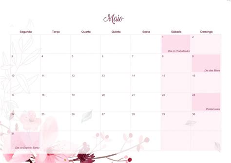 Calendario Mensal Floral Maio Fazendo A Nossa Festa