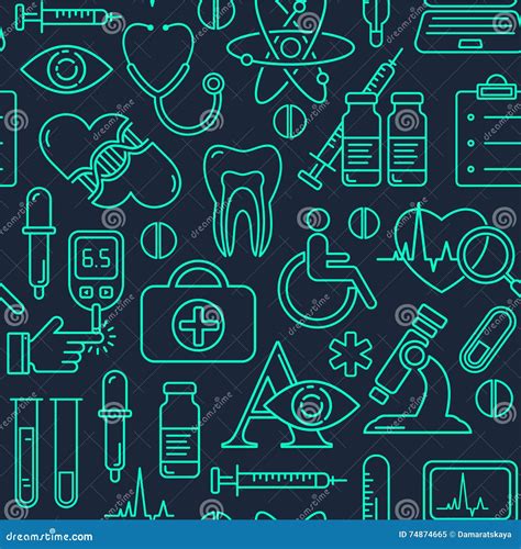 Medical Seamless Background With Line Style Icons On Black Medicine