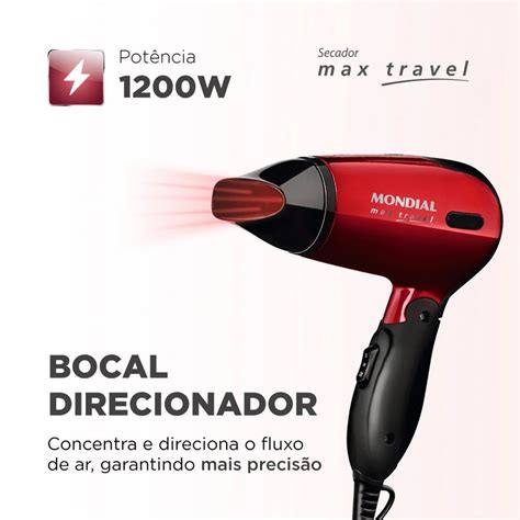 Secador De Cabelos Mondial Max Travel SC 10 1200W Preto Vermelho Bivolt