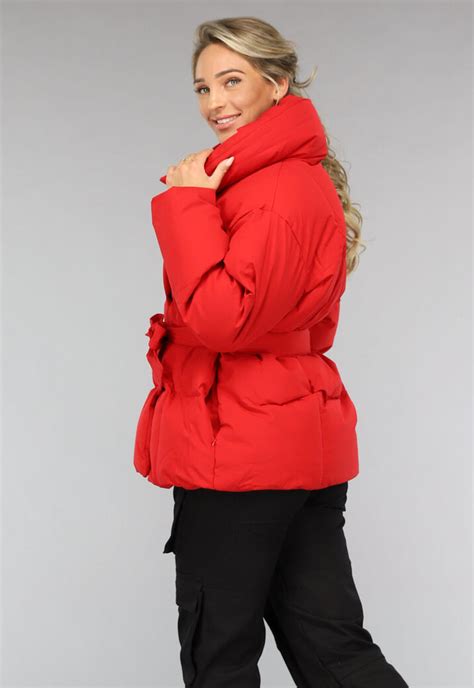 Rode Puffer Winterjas Met Tailleband Uwantisell Nl