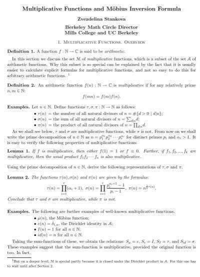 Multiplicative Functions And Möbius Inversion Formula