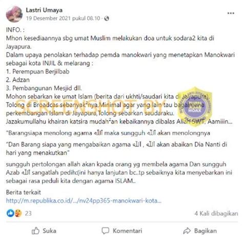 Cek Fakta Manokwari Papua Resmi Jadi Kota Injil Larang Adzan Sampai