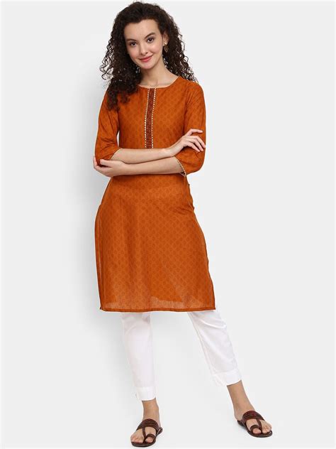 Buy V Mart Women Rust Ethnic Motifs Printed Cotton Round Neck Kurta