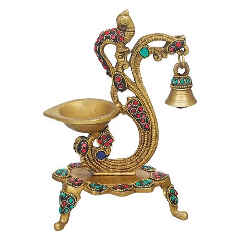 Eunoia Crafts Traditional Golden Peacock Designer Brass Diya With Bell