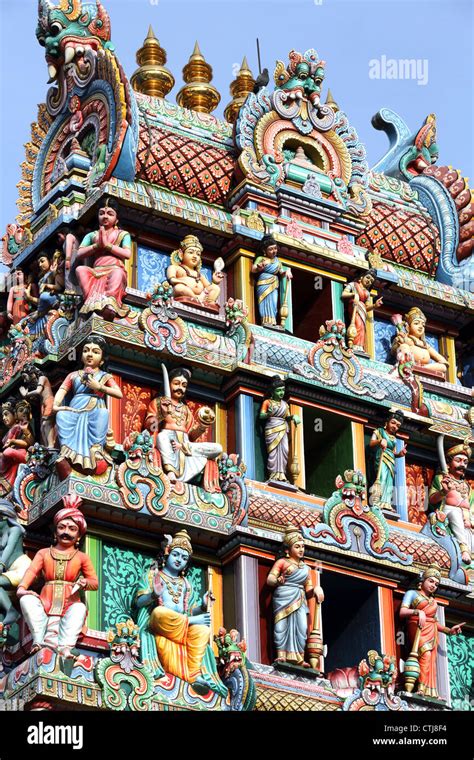 Colorful Hindu Deity Statues Adorn The Gopuram At The Sri Mariamman