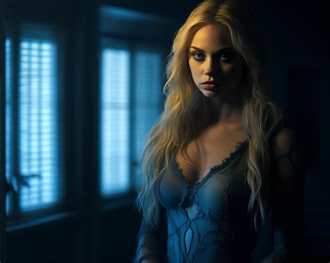 Premium Photo A Beautiful Blonde Woman In A Blue Dress Standing In Front Of A Window