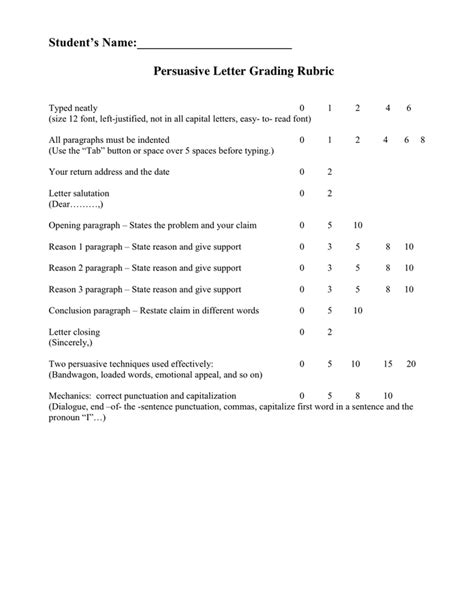 Persuasive Letter Grading Rubric In Word And Pdf Formats