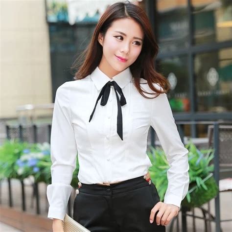 White Women Bodysuit Blouse With Black Bow Tie Long Sleeve Ol Slim