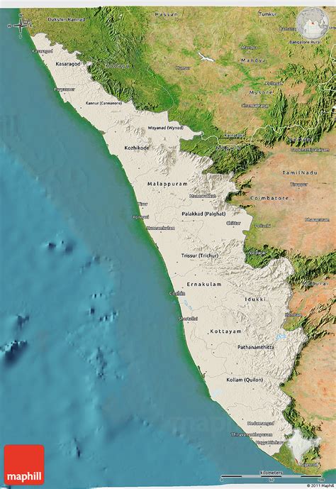 Shaded Relief 3D Map of Kerala, satellite outside