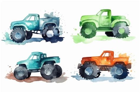 Monster trucks em aquarela para o aniversário de um menino em fundo