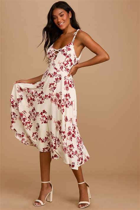 White Floral Print Dress Floral Midi Dress Side Tie Midi Lulus