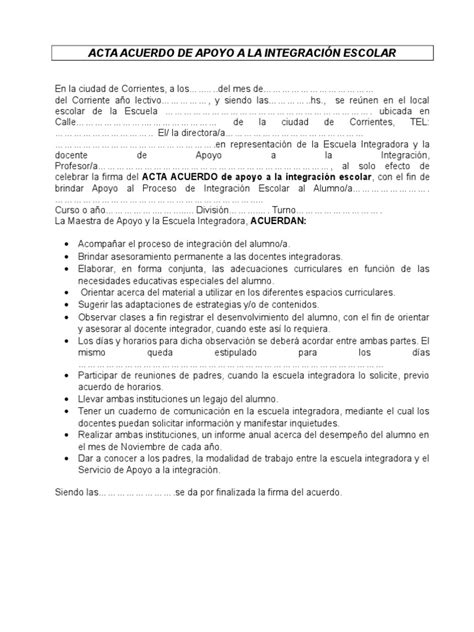 Acta Acuerdo De Apoyo A La Integración Escolar