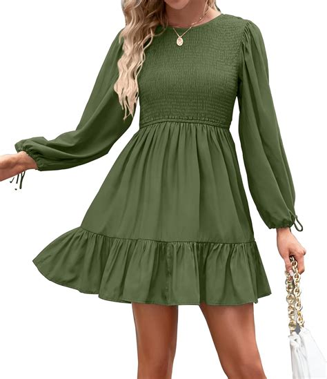 Zesica Women S Fall Dress Long Sleeve Smocked Casual Crew Neck