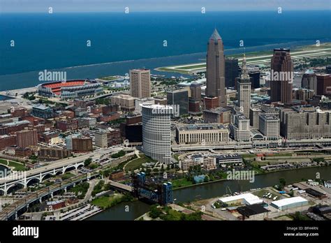 Aerial View Above Downtown Cleveland Ohio Lake Erie Stadium Burke