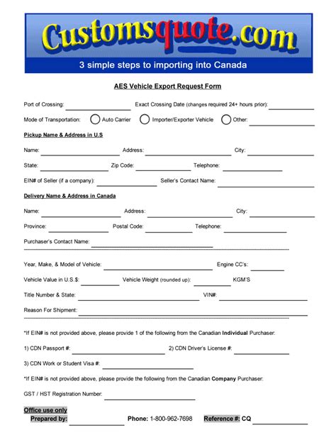 Fillable Online AES Vehicle Export Request Form Bcustomsquotebbcomb