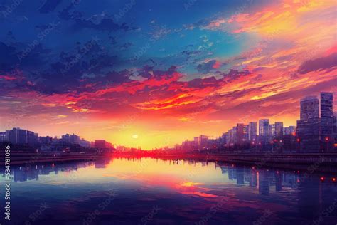 anime style, Sunset Seoul City at han river South Korea , Anime style ...