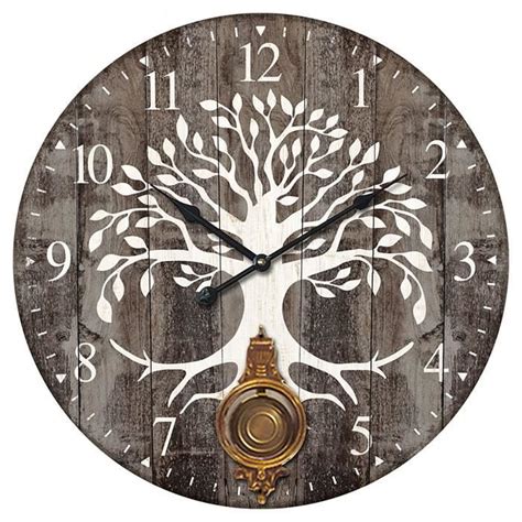 Grand Horloge Murale Ronde Avec Pendule D Coratif Arbre De Vie Bois