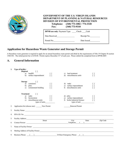 Virgin Islands Application For Hazardous Waste Generator And Storage