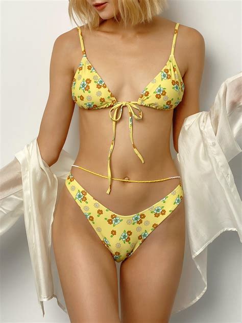 Emmiol Free Shipping Floral Print Triangle Bikini Set Yellow S In