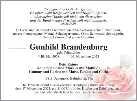 Traueranzeigen Von Gunhild Brandenburg M Rkische Onlinezeitung