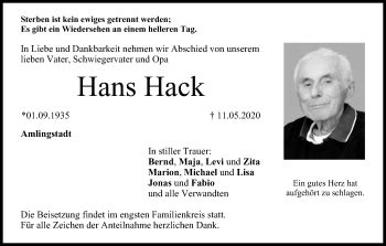 Hans Hack Traueranzeige Trauer Infranken De