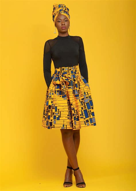 Amsa African Print Midi Skirt With Sash Yellowblue Africanfashion African Fashion Skirts