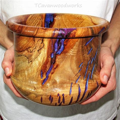 Turned Wood Bowl Inlaid With Mystic Purple Epoxy Resin Etsy Wood