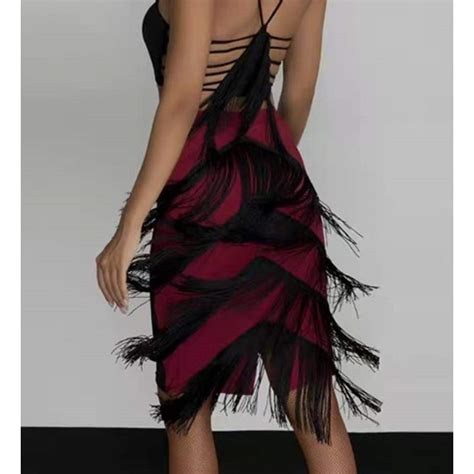 Black With Red Fringe Latin Dance Skirts For Women Rumba Chacha Salsa