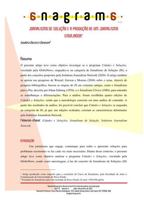 Pdf Jornalismo De Solu O E A Produ O De Um Jornalismo Engajador