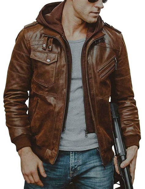 Brown Distressed Hooded Handmade Genuine Sheepskin Leather Jacket For