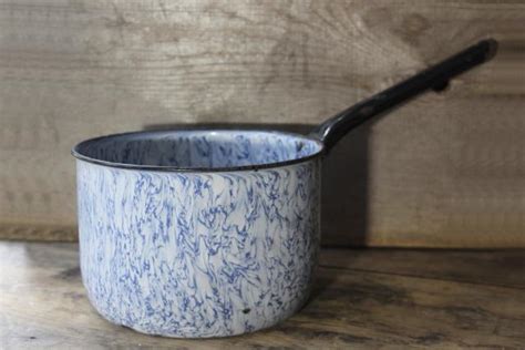 Vintage Blue Swirl Graniteware Enamel Big Cooking Pot W Handle For